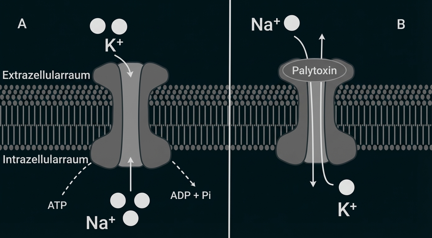 Schematische Darstellung der Na+/K+-Pumpe links und durch Palytoxin geöffneten Kanal rechts.